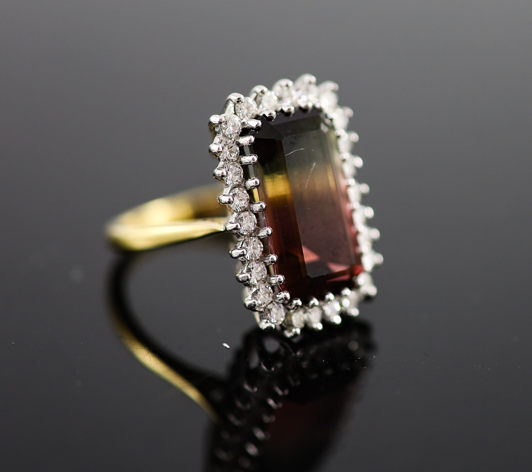 A modern 18ct gold watermelon tourmaline and diamond set rectangular cluster ring